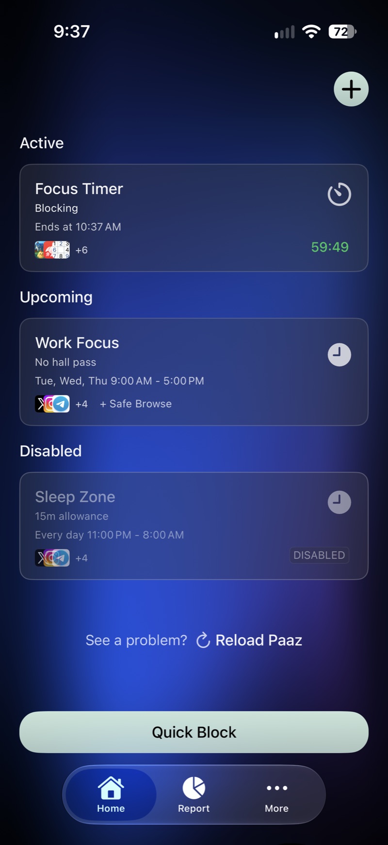 The Paaz home screen listing an active Focus Timer, an upcoming Work Focus schedule and a disabled Sleep Zone schedule.