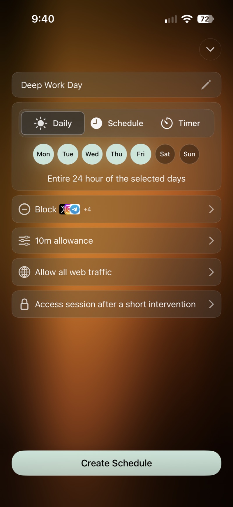 Creating a schedule called Deep Work Day, with a 10 minute allowance.